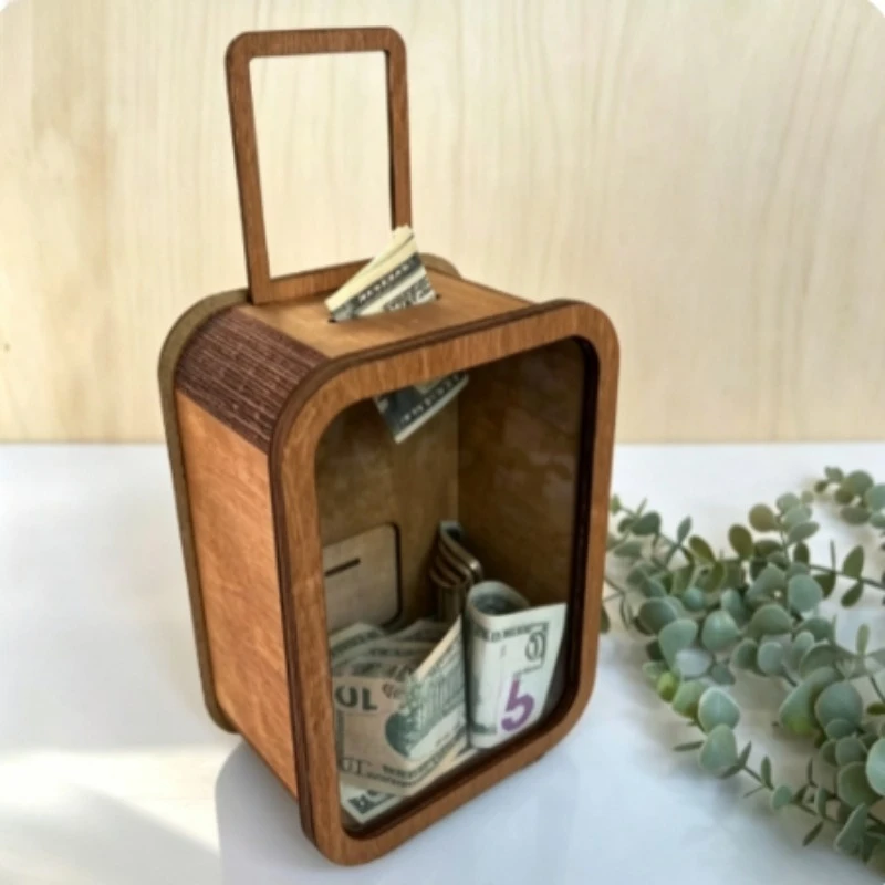 Wooden Suitcase Coin Bank – Adventure Travel Home Decorative Storage Box, Birthday Gift Savings Jar 4