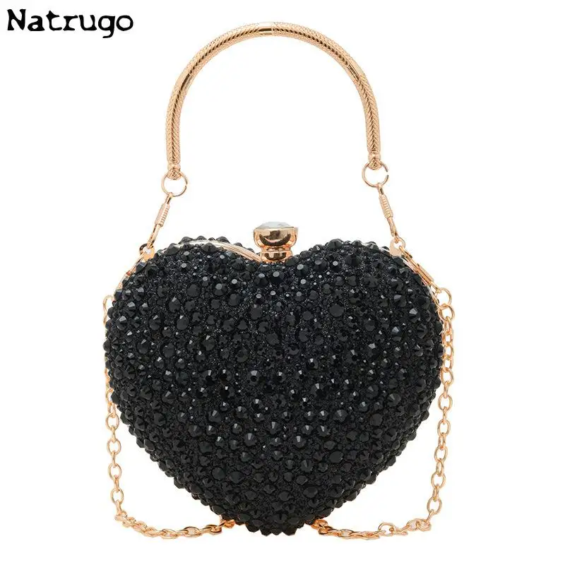 Pochette di cristallo a forma di cuore con intarsio di diamanti di lusso, pietre, borse da sera, borsa a tracolla per festa di nozze, pochette con