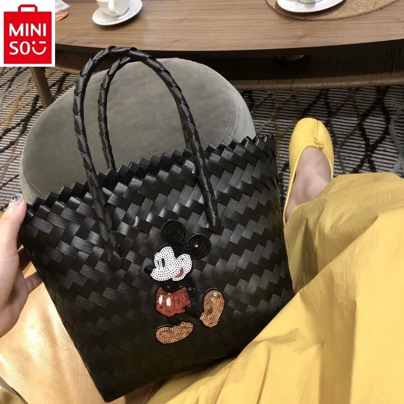 

MINISO Disney Mickey Sequins minimalist woven straw woven handbag for women's casual and sweet storage beach vacation bag