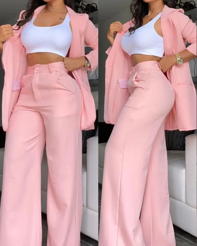 Woman Elegant Blazer Sets New Autumn Fashion Women's Notched Collar Coat + Pocket Design Pants Set Work Commuting Two Piece Suit