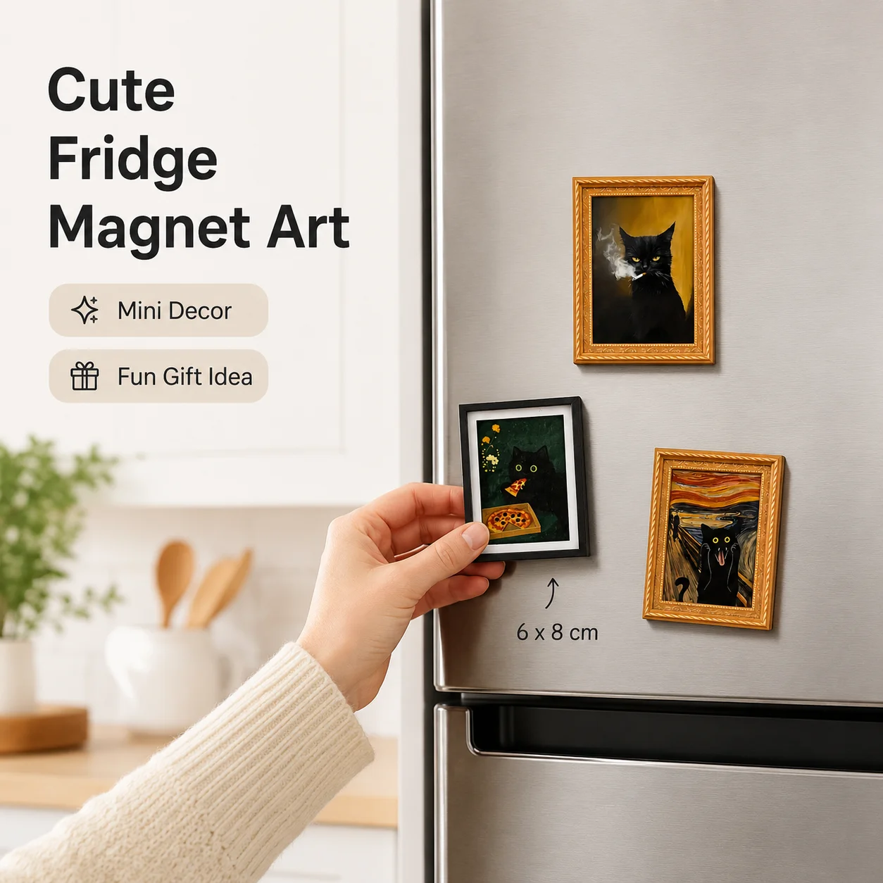 Black Cat Pizza Refrigerator Sticker Mini Photo Frame Fridge Magnet 3 Layer Kitchen Home Decor Holiday Gift Accessory Set Pack