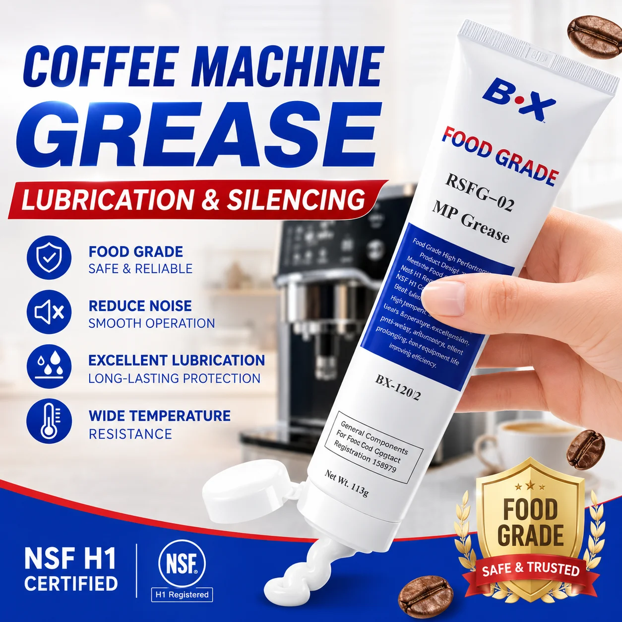 B·X RSFG-02 Coffee Machine Grease Food Grade NSF H1 Lubricant for Espresso Brew Unit O-Ring Gear 113g