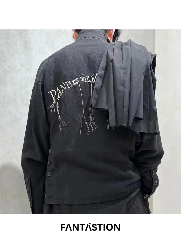 

FANTASTION Original design embroidered tassels jacket Standing-collar zip-up jacket unisex Folded fabric design jackets tops