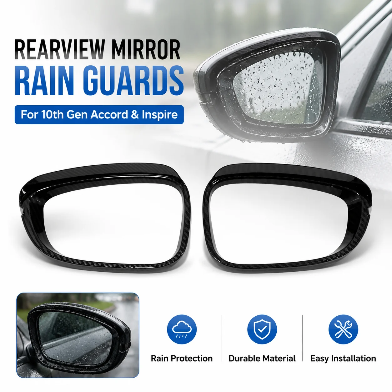10th Gen Accord and Inspire Rearview Mirror Rain Guards, Carbon Fiber, 2 Pieces