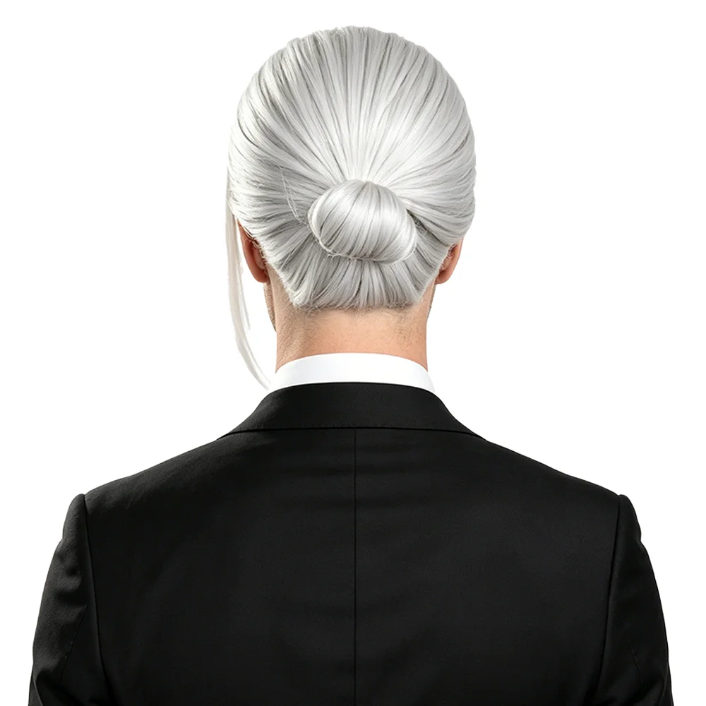 Taro Sakamoto Cosplay Wig Silver White Low Bun Slicked Back Side Strand Heat Resistant Synthetic Anime Wig For Halloween Party