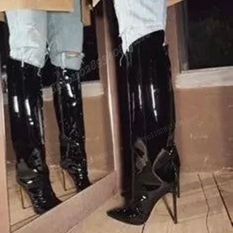 New Black Patent Leather Knee High Boots Solid  Pointed Toe Stiletto High Heel Women Shoes 2023 Fashion Sexy Zapatos Para Mujere