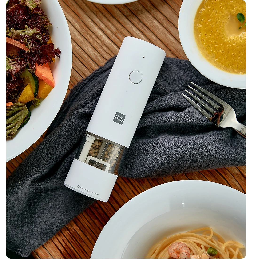 Huohou مطحنة الفلفل الكهربائية التوابل التوابل الحبوب مطحنة الملح شاكر قابل للتعديل كسارة التوابل مصباح ليد 5 طرق المطبخ كوك