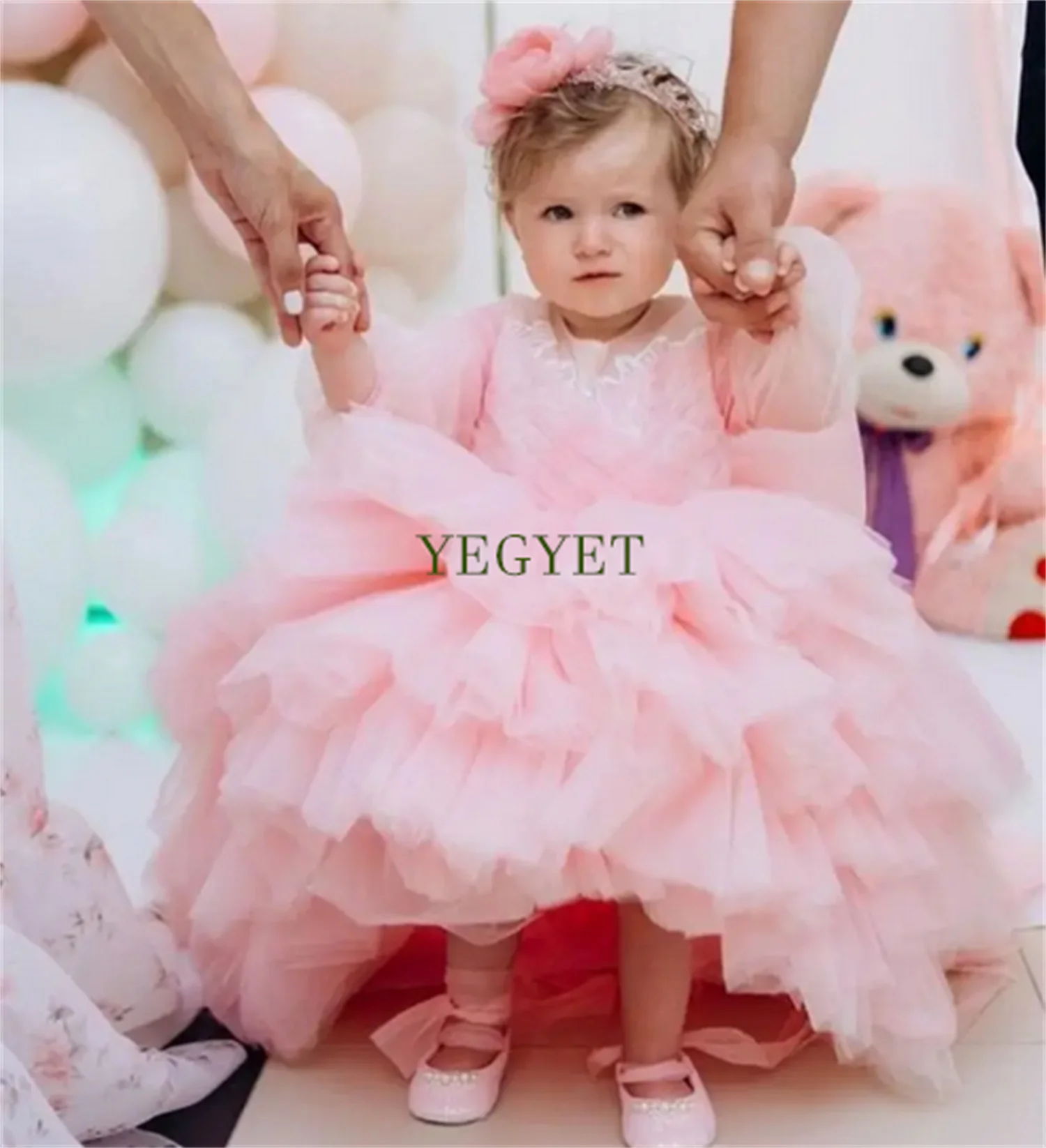 

Unique Pink Baby Girl Birthday Dress Full Sleeve O Neck High-Low Winter Baby Dress Pageant Party Girl Gowns 1-14T