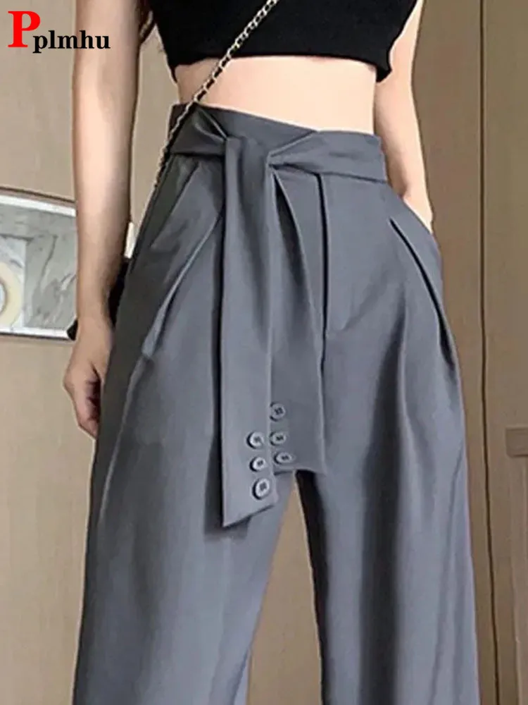 

Korean High Waist Design Lace-up Straight Pants Chic Womens Belt Suit Pantalones Vintage Baagy Grey Wide Leg Trousers Spring New