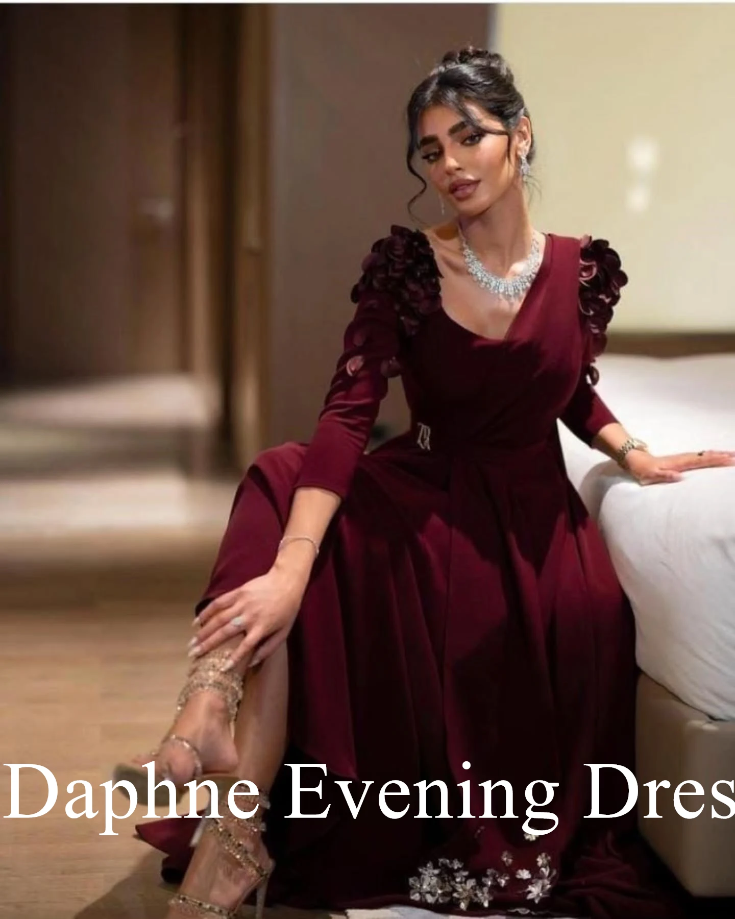 Customized Classic Flowers Crystal Belt Evening Dresses Graceful Jersey Crew Neck Long Sleeves Robe de soirée Vestido De Festa