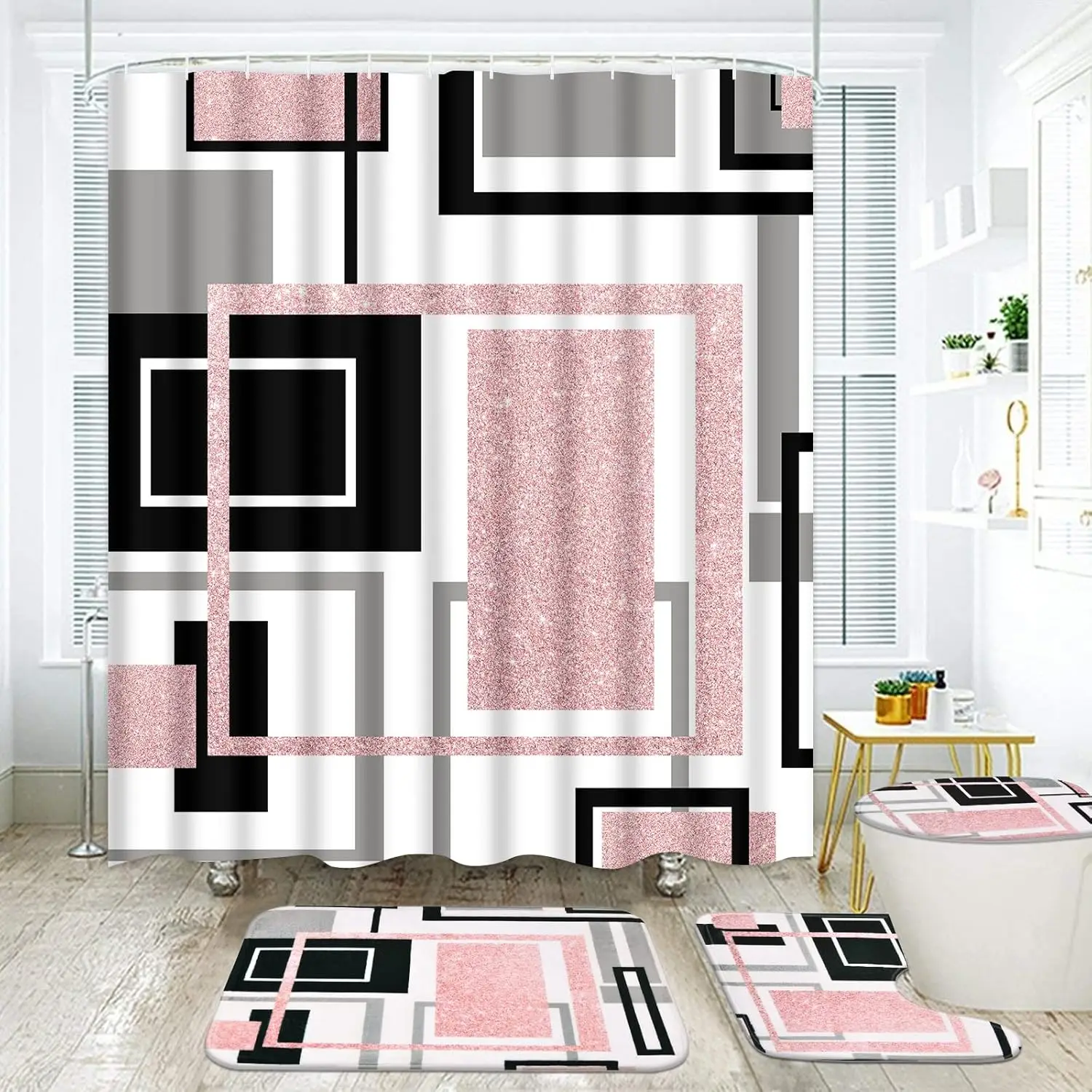 

4 Pcs Pink Geometric Shower Curtain Sets with Non-Slip Rugs, Toilet Lid Cover and Bath Mat, Modern Shower Pink Bathroom Decor
