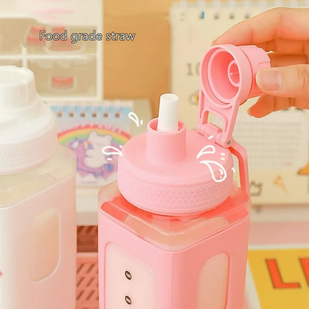 700/900Ml Kawaii Water Bottle With Straw 3D Cute Bear Sticker  Bpa Free Plastic Square Sippy Cup Poratable Drinkware