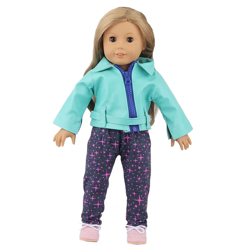 Boneca Outfit para recém-nascido Baby Girl, Conjunto de Roupas de Boneca, Casaco De Couro, T-shirt, Calças, American 18 ", 17", 43cm, 1 Conjunto