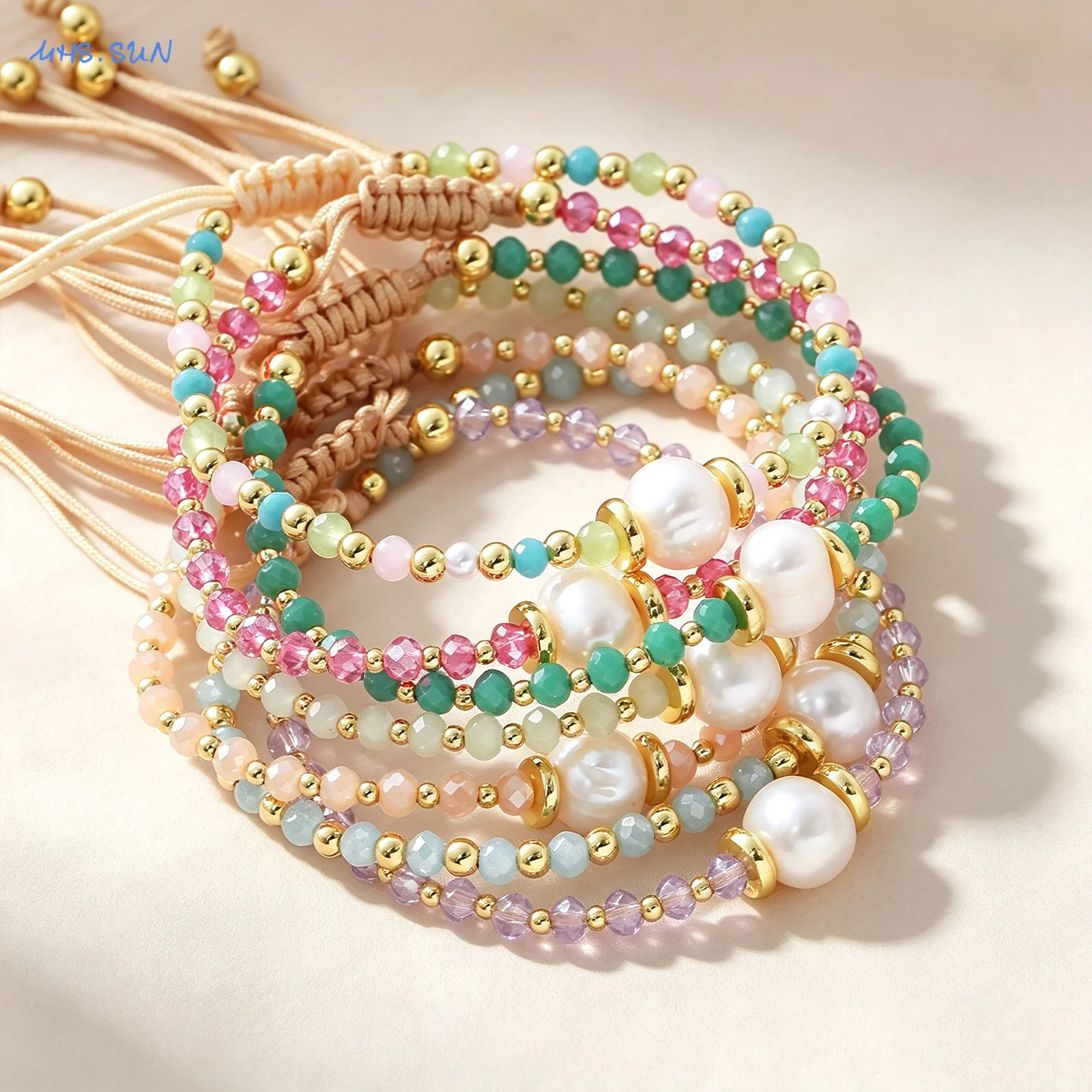 Fashion Colorful 3mm Crystal Pearl Beaded Adjustable Woven Drawstring Bracelet Women Jewelry For Daily Commute And Party Wear