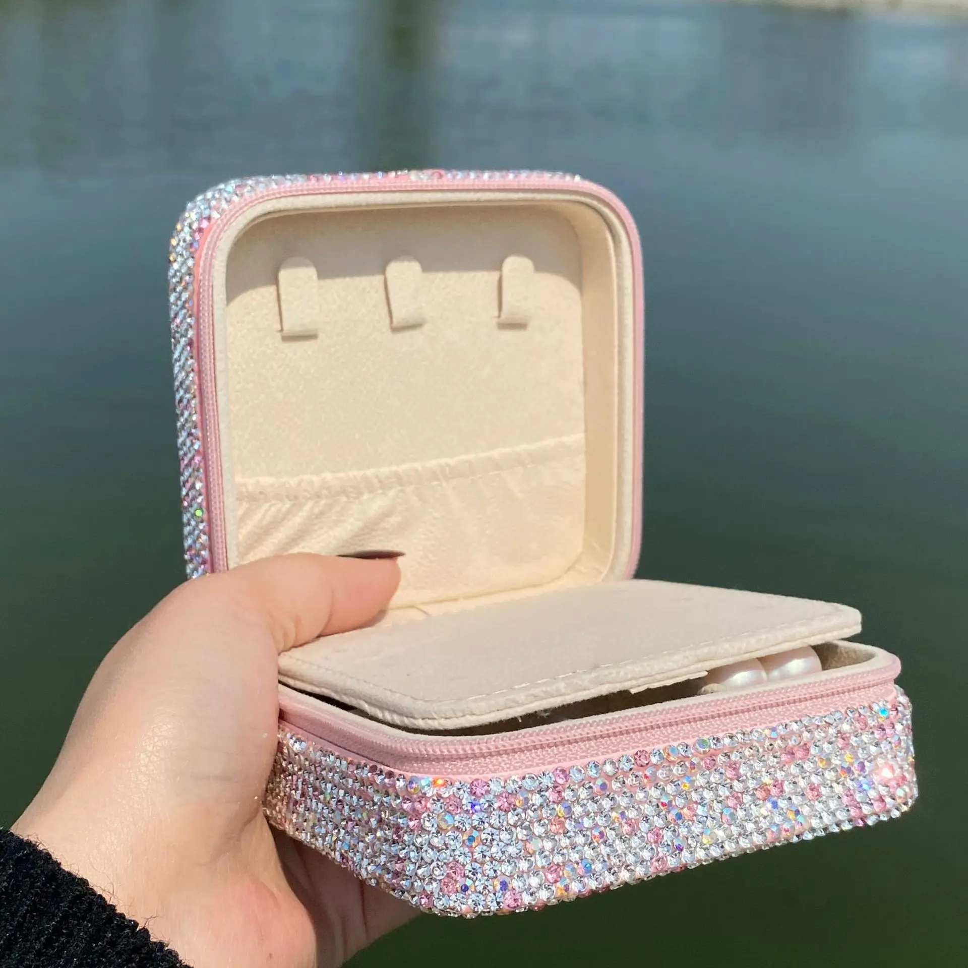 Light Luxury Diamond with Mirror Multi Functional Ring Earrings Necklace Square Storage Box Mini Convenient Travel Jewelry Pouch