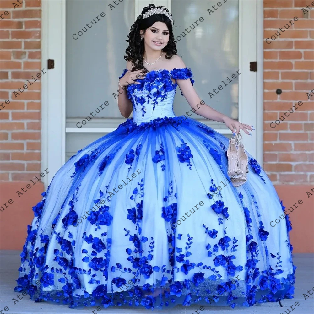 Royal Blue z koralikami perłami 3D kwiaty Quinceanera sukienki Off The Shoulder suknia balowa słodka szesnaście sukienka suknie ślubne Tulle vesti