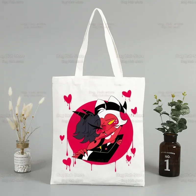 Helluva Boss Women Canvas Tote Bag Eco Shopping Bag Large Shoulder Bag Women Foldable Harajuku Comedy Cartoon Shopper Bag