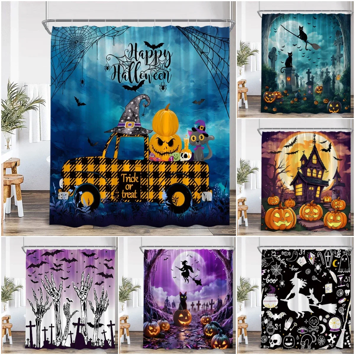 Full Moon Night Halloween Shower Curtain Flying Witch Evil Pumpkin Wizard Graveyard Horror Bath Decoration Bathtub Curtain