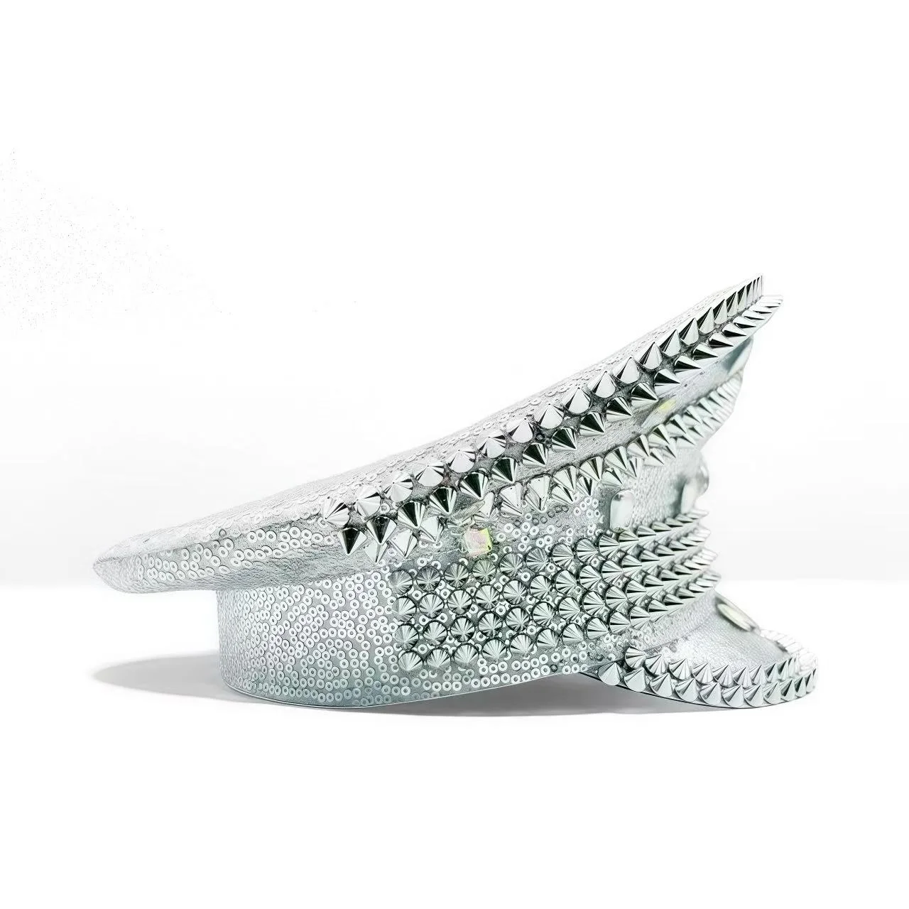 HongLuan Yellow Laser Leather Loop Captain Hat Rhinestone & Military Caps for Woman, Rave Festivals Accessories ＆ Party Cap Man