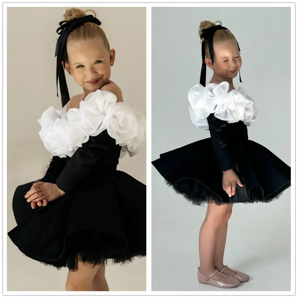 Vestidos elegantes de terciopelo negro para niña, vestido de fiesta de boda con flores en 3D y hombros descubiertos, vestido corto de cumpleaños personalizado