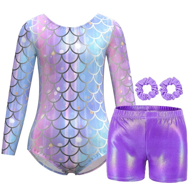 

Гимнастические трико для девочек, детские блестящие красочные боди с длинными рукавами и рисунком русалки, шорты и повязка для волос