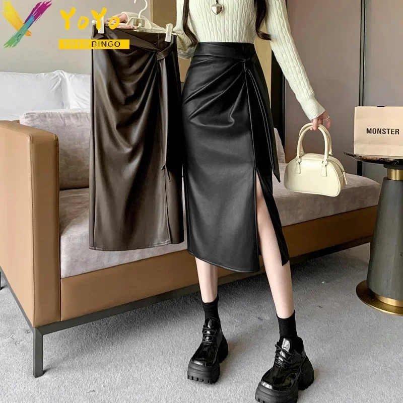 Elegant PU Leather Skirt Wrinkled Irregular Split Skirt 2024 Fashion Temperament Slim Bodycon Chic Work Skirt