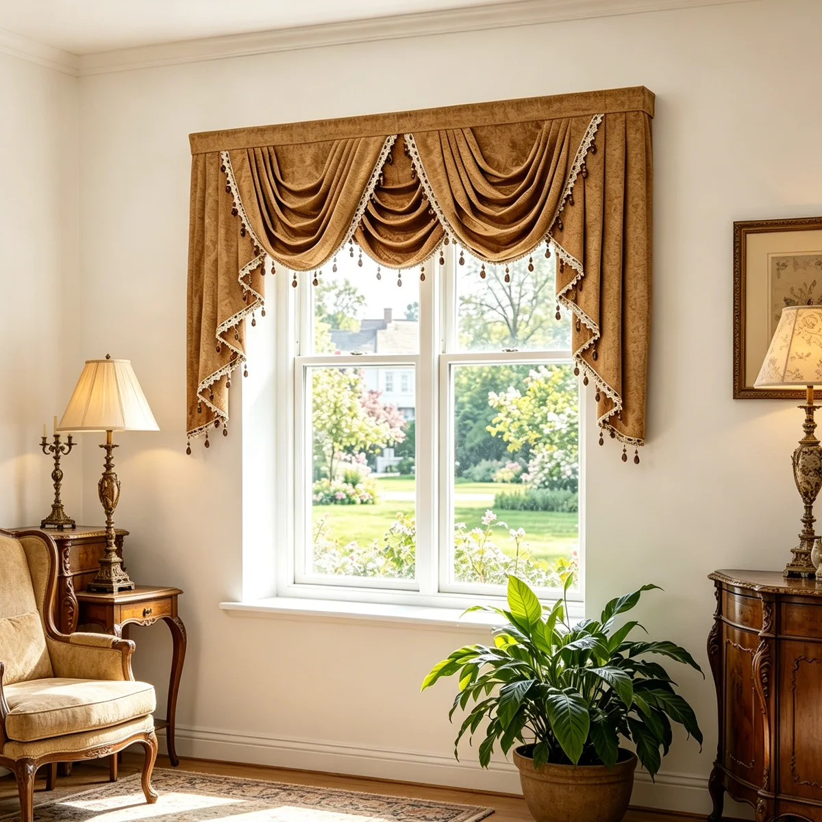 Solid Brown Velvet Window Valance, Contrast Lace Tassel Swag Drape Top for Neutral Light Luxury Bedroom Home