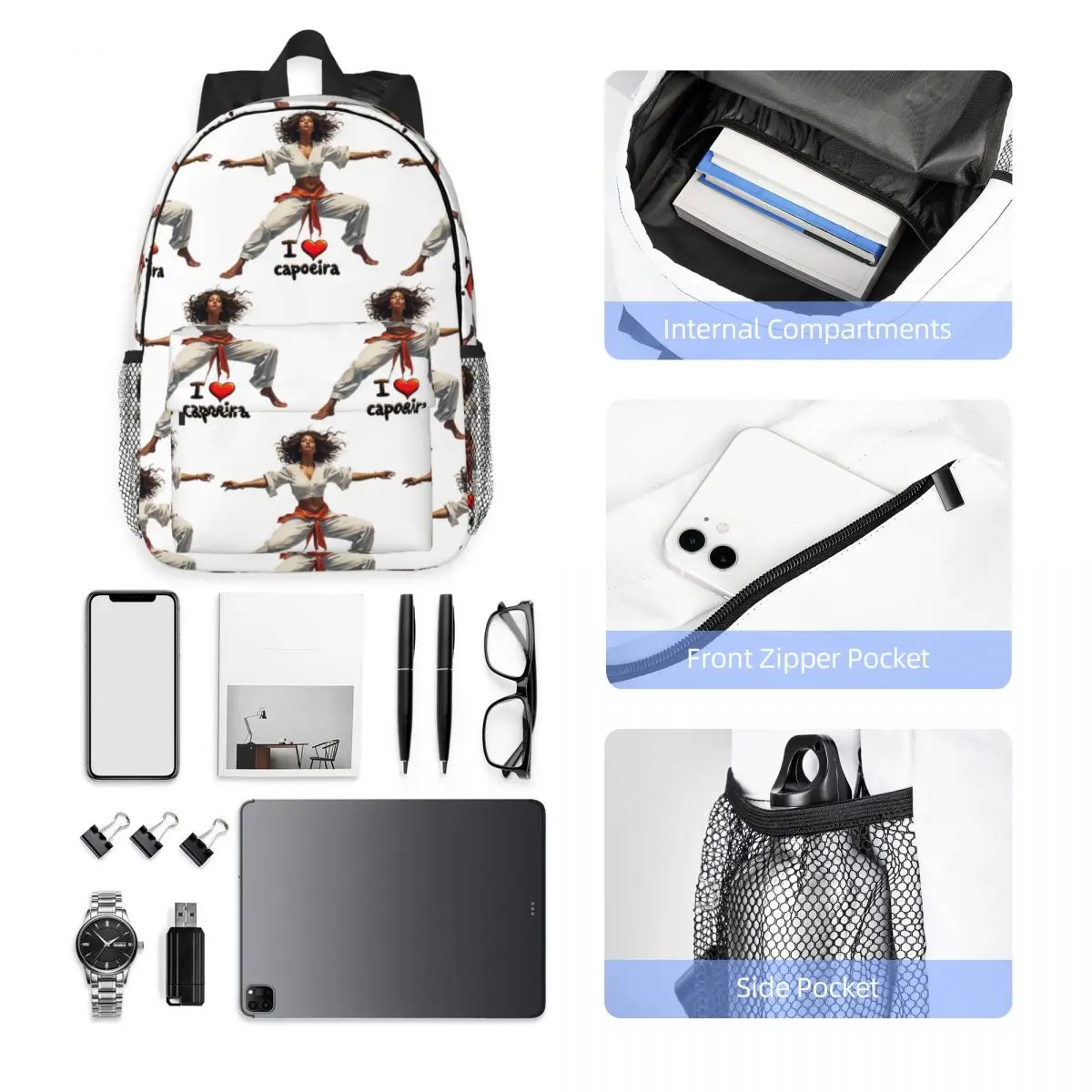 Dynamic Capoeira Art I Love Capoeira Design Backpack Student Boys Girls BookBag Men Women School Bag Laptop Shoulder Bags