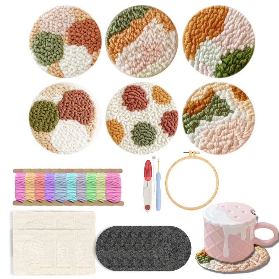 

GATYZTORY 6pcs Punch Needle Coasters Kit For Beginners Punch Needle Embroidery Kit Coaster Punch Needle Cup Mat Drink Coaster