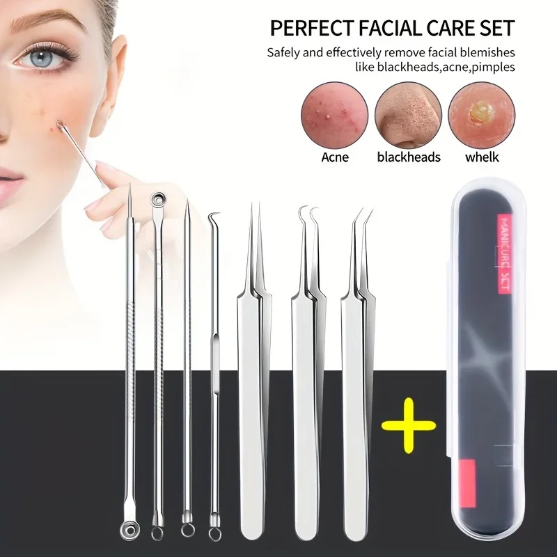 7個の黒ずみ除去ツール、金属製プロフェッショナルニキビ&コメドン除去ツール、無香料、サロン品質のフェイシャルケアキット