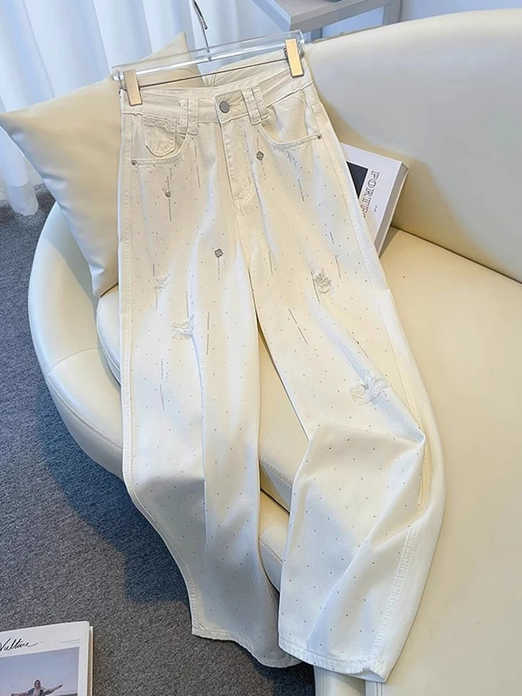 

White Straight Leg Jeans For Women Summer High Waisted Rhinestone Ripped Floor Pants Korean Casual Thin Wide Leg Denim Trousers