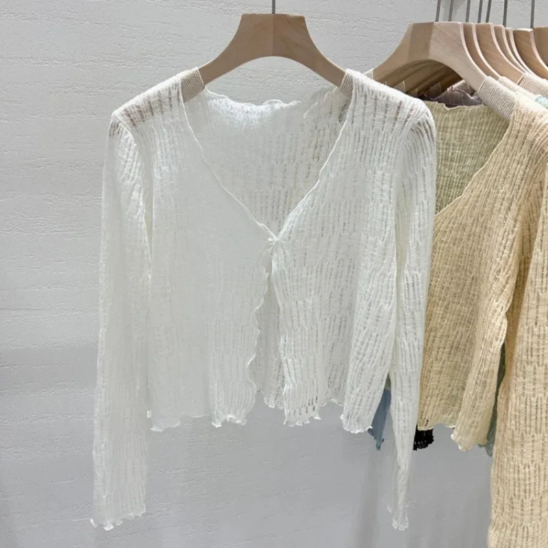 Wood Ear Edge Hollow Small Shawl Knitted Cardigan Female Summer Hitch Sunscreen Smock Thin Section of Small Shirt Tops