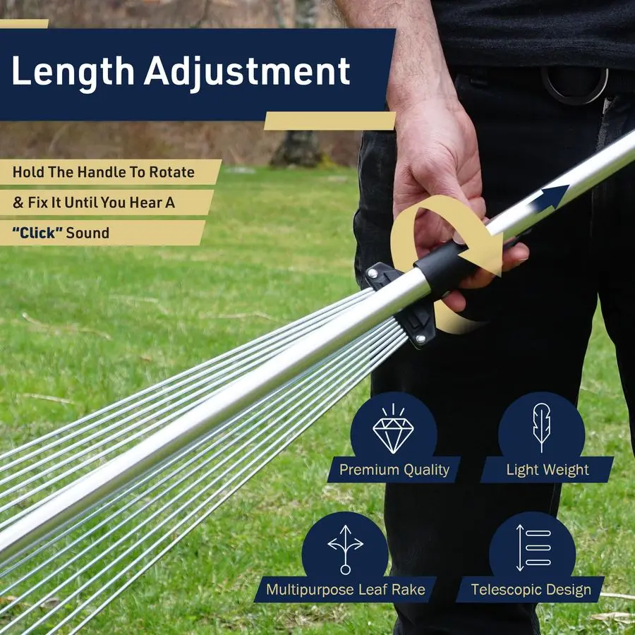 مشط أوراق الشجر قابل للتعديل للحديقة للعمل في المناطق الضيقة مقبض تصغير يمتد إلى 5 أقدام ومتعدد الاستخدامات وخفيف الوزن