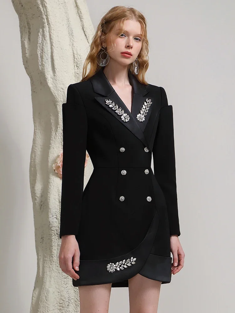 Elegant Blazer Dress Ladies Autumn and Winter 2023 New Women\'s Three-Dimensional Rhinestone Waist Show Thin Black Suit Dresses