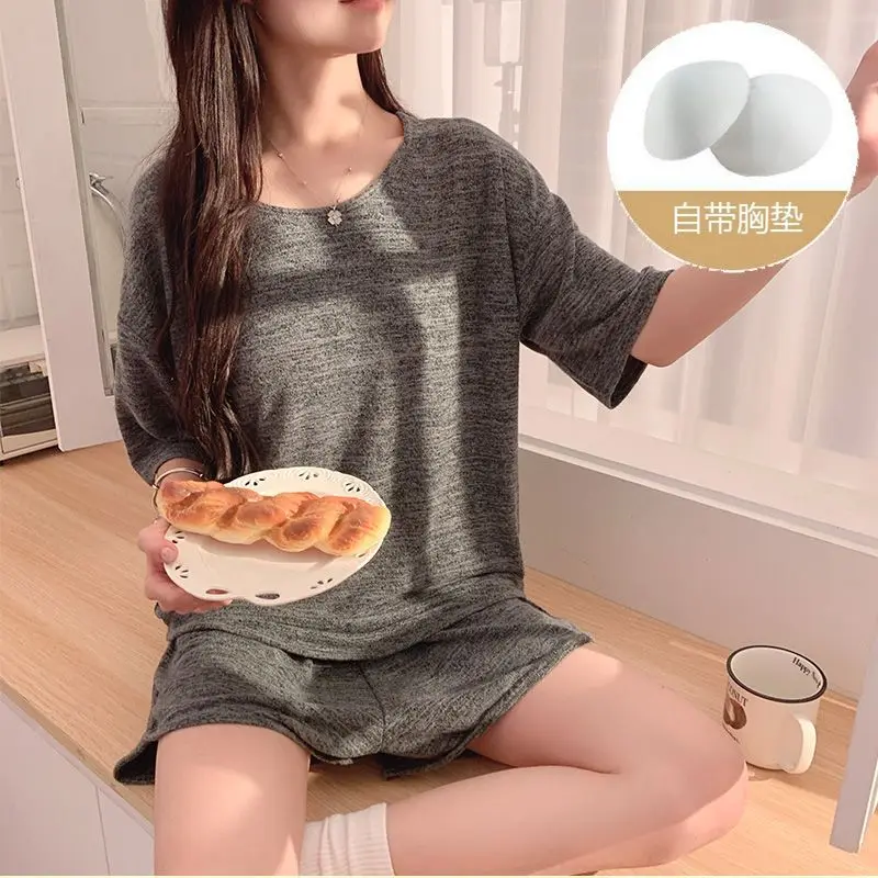 Colorful Cotton Pajamas with Breast Pads, Women's Short-sleeved Shorts, Summer Solid Color, Sweet, Korean Style, Round Neck