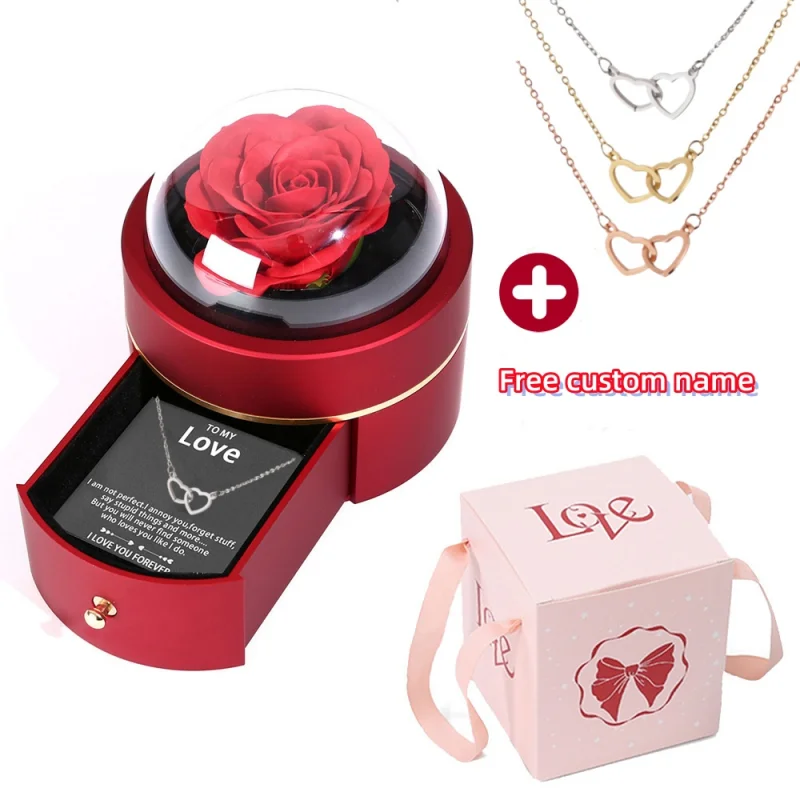 صندوق مجوهرات فاخر من الورود الأبدية لقلادة فولاذية محفورة بدون قلب مزدوج في عيد الحب وعيد الميلاد