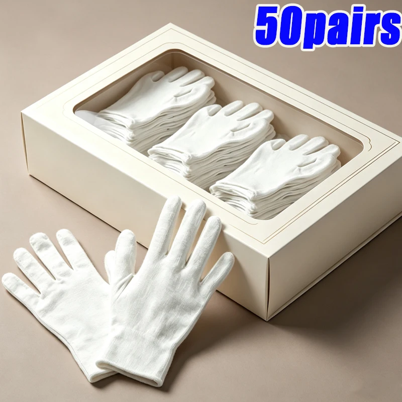 1-50pairs White Cotton Etiquette Gloves Waiter Driver Jewelry Worker Finger Gloves for Men Women Soft Sweat Absorption Mittens