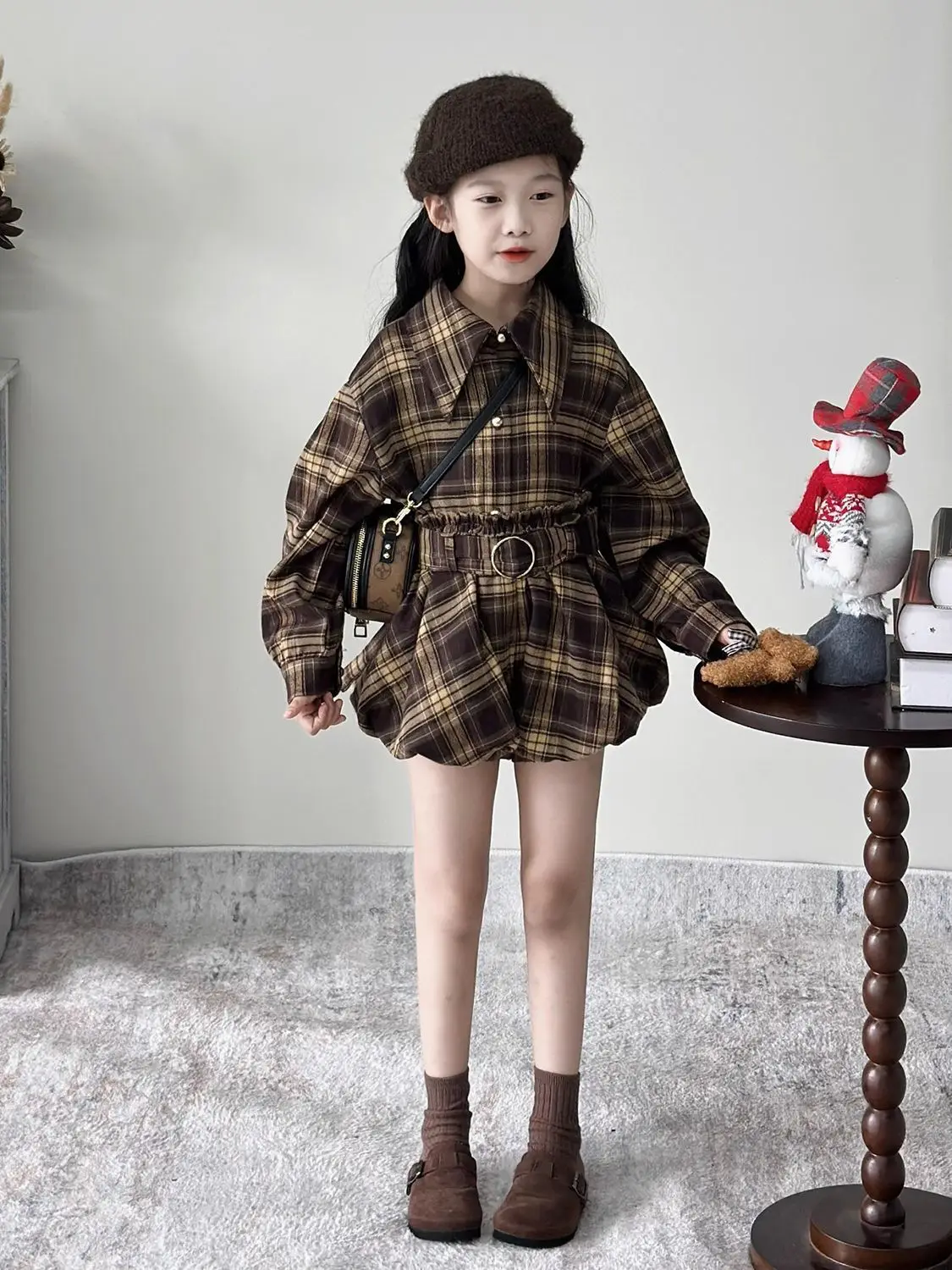 

Girls Suit 2025 Autumn New Childrens Clothing Korean Girl Baby Lapel Long-sleeved Shirt Flower Bud Shorts Two Sets