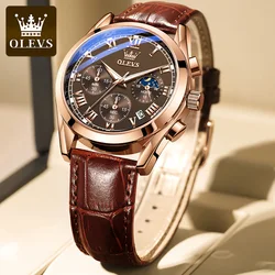 OLEVS 2871 Men Watches Brown Leather Top Brand Luxury Date Waterproof Luminous Chronograph Quartz Watch Men Relogio Masculino