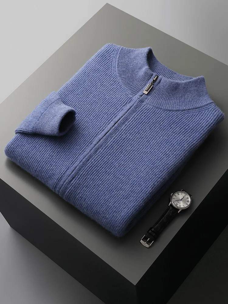 Smart Casual 100% Merino Wool Men Sweater Mock Collar Thick Cardigan Autumn Winter New Cashmere Knitted Coats Long Sleeve Tops