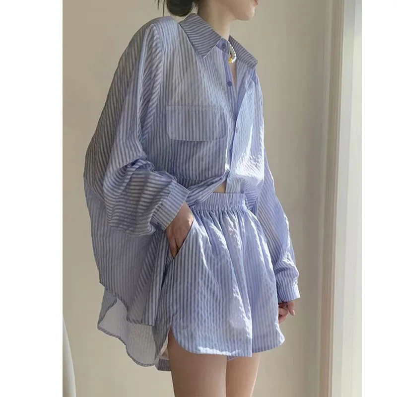 

Elegant Chic Women Summer Two Piece Set Striped Loose long Sleeve Shirt And shorts Set Outfits