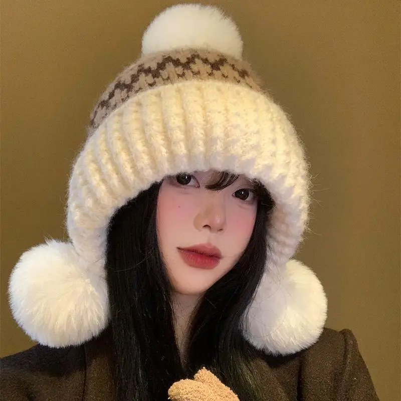 Women Winter Hat - Thickened Warm Beanie With Ear Protection Cold Proof Knitted Cap For Christmas Gifts Red Grey