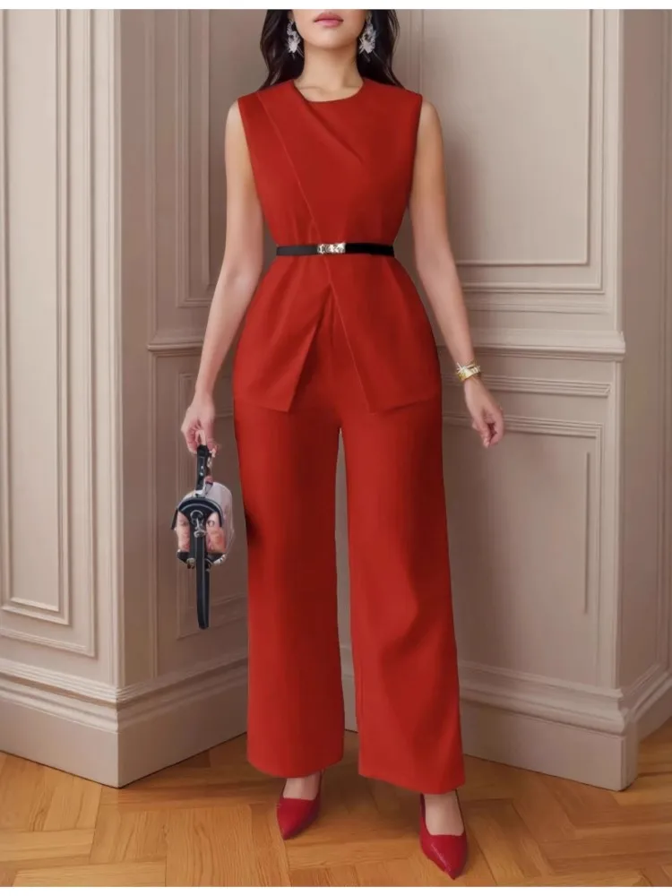 

Two Piece Sets Women Pants Set Round Neck Belt Sleeveless High Waist Tops Solid Color Wide Leg Long Pants Slim Fit Elegant Set
