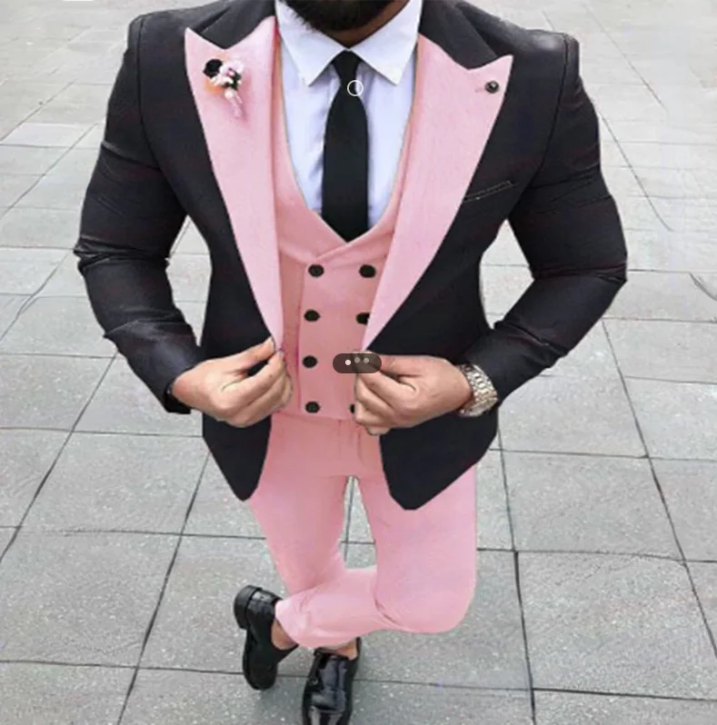 

Pink Caual Men Suits with Black Jacket 3 Piece Wedding Groomsmen Tuxedo New Male Fashion Costume Double Breasted Vest Pants