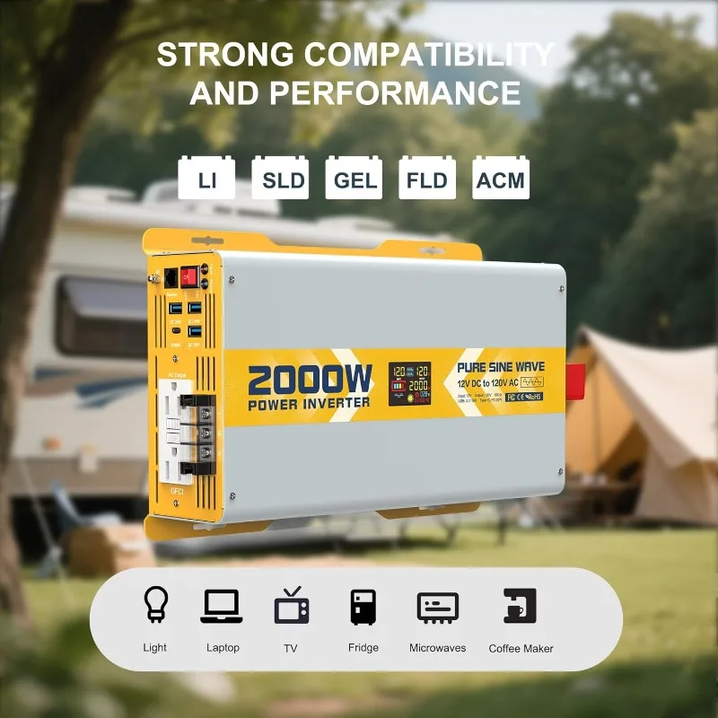 2000W 순수 사인파 전력 인버터 12V DC에서 120V AC로 변환기 LCD 디스플레이 리모컨 포함 태양광 RV 트럭 가정용