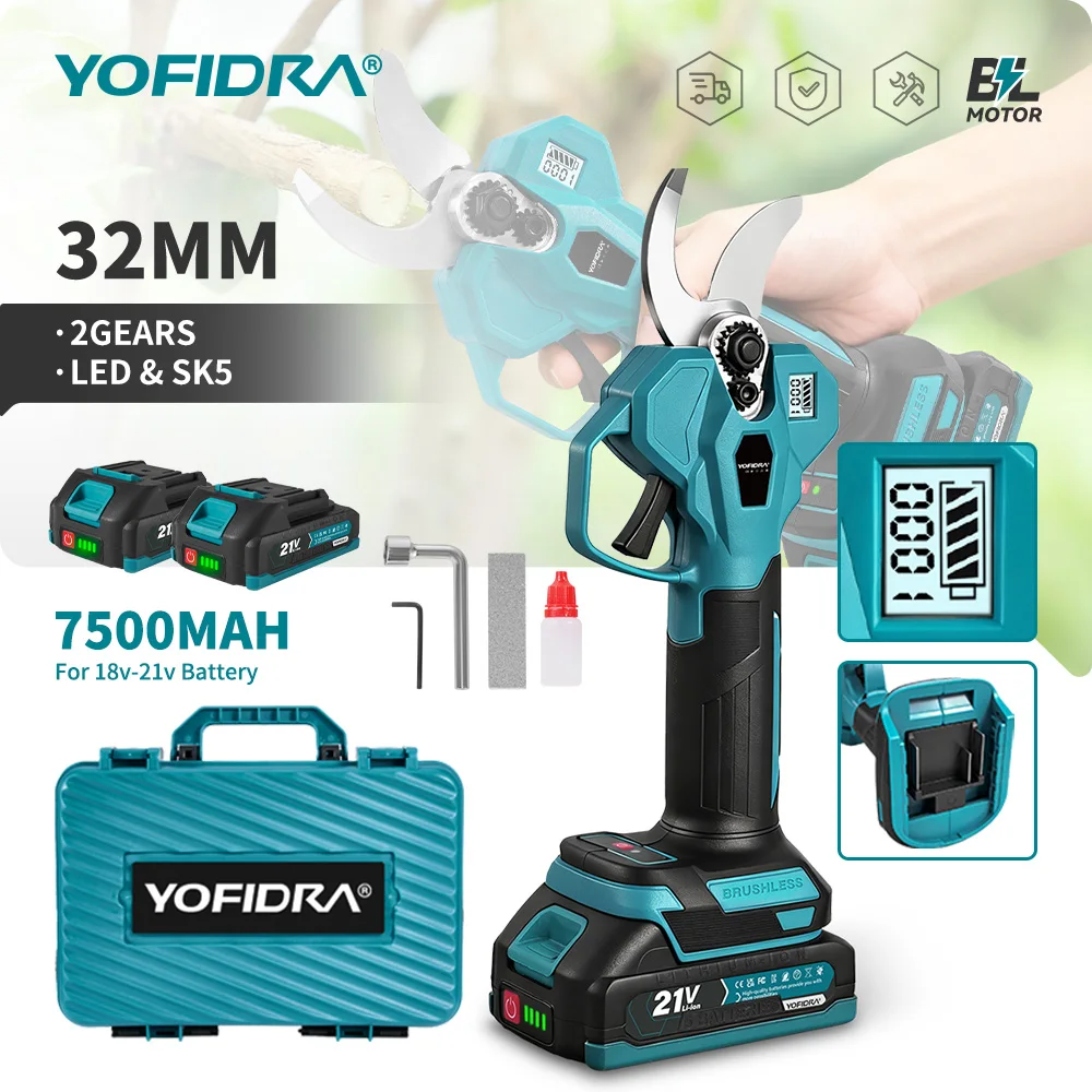 YOFIDRA 32MM Bürstenlose Elektrische Gartenschere Cordless Garten Obst Baum Schere Zweig Power Tools Für Makita 21V Batterie pin