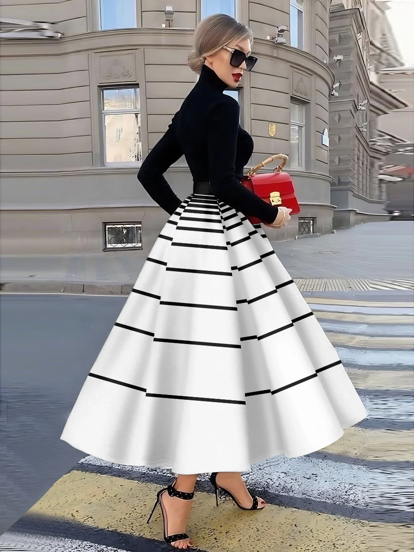 Printed Design suitable for all four seasons Black And White Striped Pattern vacation style elegant style women's half skirt