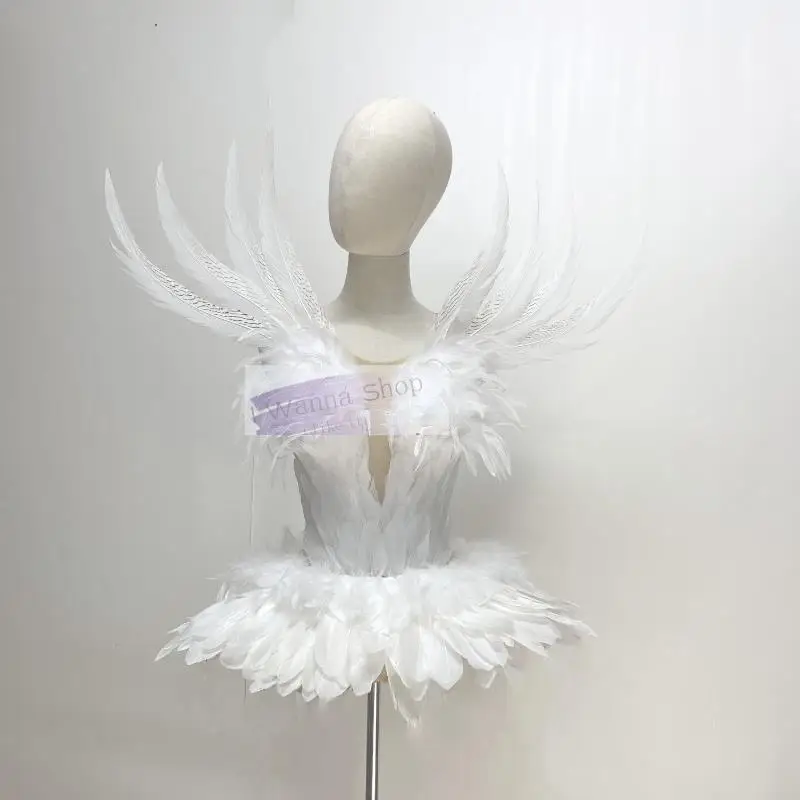 Sexy Rave Festival Outfit Women Swan Feather Angel Dress Drag Queen Fantasy Carnival Halloween Gogo Dancer Costume