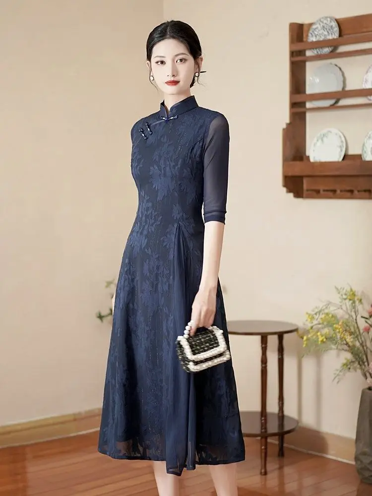 

Modified Audrey Cheongsam Dress New Navy Blue Chinese Style Folk Tea Dress Traditional Dress Women Vintage Cheongsam