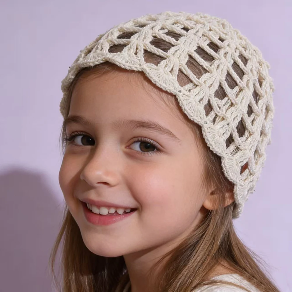 2026 NEW Baby Girls Crochet Hat Kids Spring Autumn Mesh Beanies Handmade Sequin Decoration Bonnet Knit Cap 1-6 Y